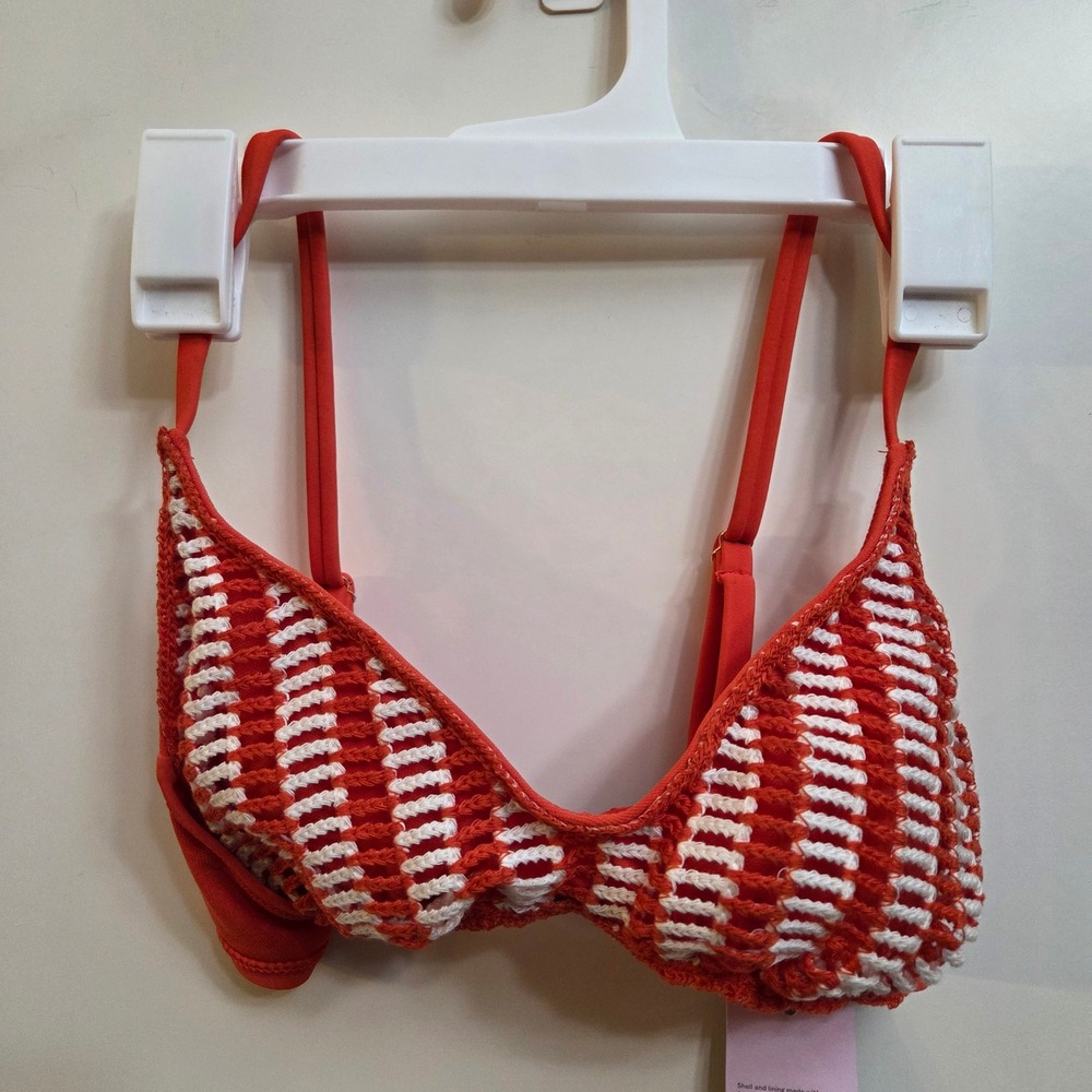 Wild Fable Womens Crochet Triangle Bikini Top Orange White Striped XXS 00 NEW